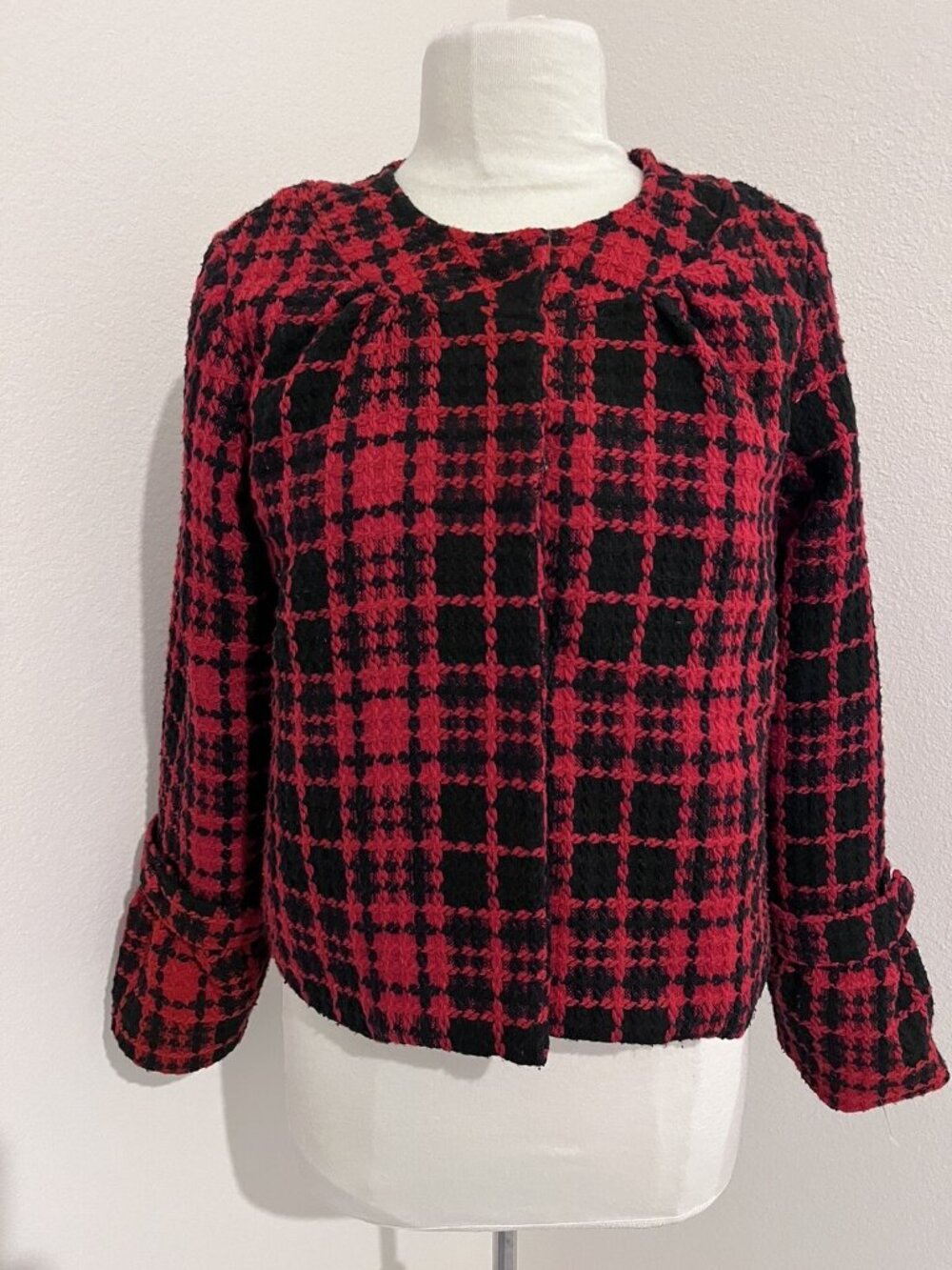 Oleg Cassini Vintage Plaid Wool Blend Lady Jacket Size M Jackie O Style Red Blk - Picture 9 of 14